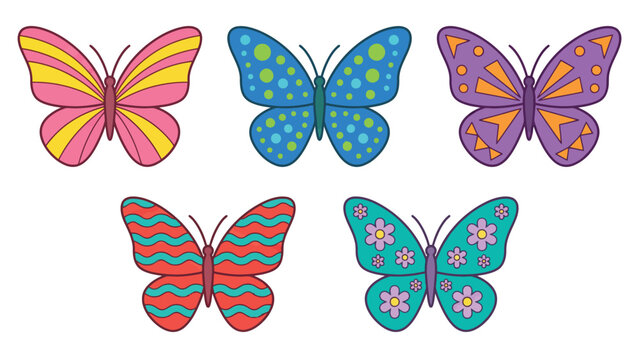 A vibrant collection of five cartoon butterflies with diverse patterns and bright colors, suitable for children's designs.