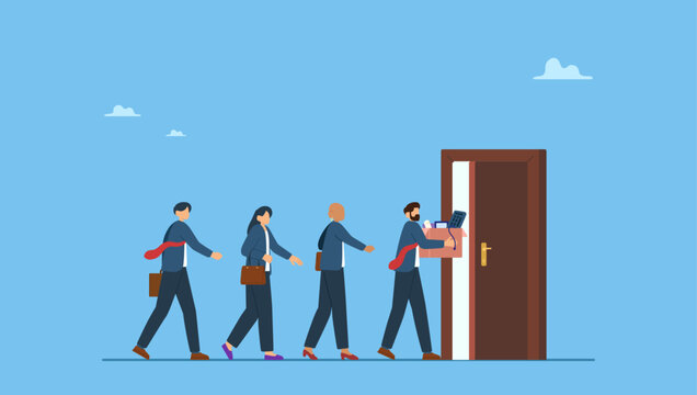 Business people employee resign and walk through exit door. Great resignation, employee resign, quit or leaving company, people management or human resources problem.