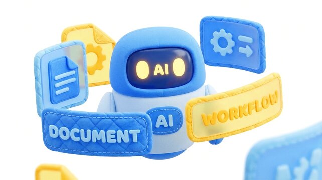 3D AI robot assisting with document workflow and automation