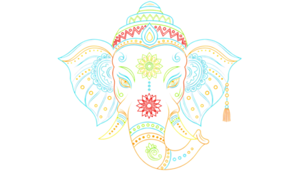 Vibrant and intricate line art illustration of lord ganesha against a dark background isolated on transparent background