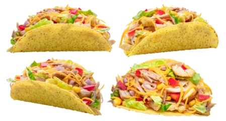 Mexican chicken meat tacos, corn-based tortilla with chicken meat and diced fresh vegetables filling isolated.