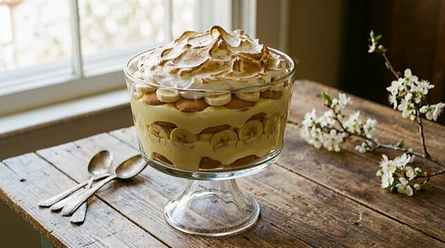 Homemade banana cream pudding trifle with meringue topping, dessert recipe, classic comfort food preparation.