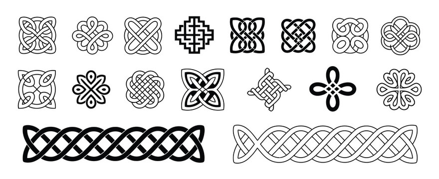 Celtic borders and knots, showcasing classic braided ornament design with repeat seamless pattern blocks for decorative frame applications.