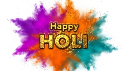 Colors of India Happy holi festival of colors greeting with vibrant powder splash on golden background isolated on transparent background