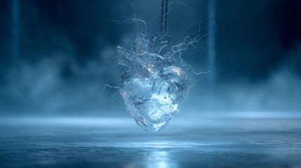 Elegant icy heart sculpture suspended, illuminated in a cool blue ambiance.