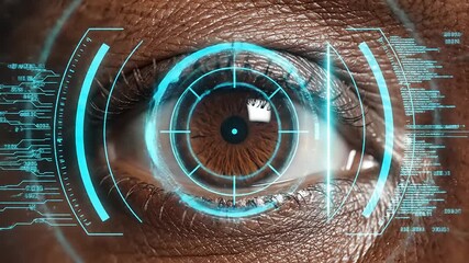 Futuristic eye scan technology with digital interface overlay and biometric data analysis for security and surveillance - Powered by Adobe