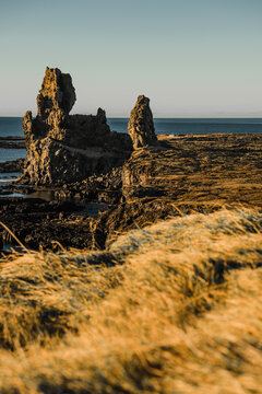 View of jagged cliffs meet the serene ocean under a clear sky, with golden grasses swaying in the foreground, creating a striking contrast, Grundarfjordur, West Iceland, Iceland.