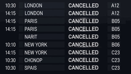 Fototapeta premium Airport flight information display showing cancelled flights to various destinations