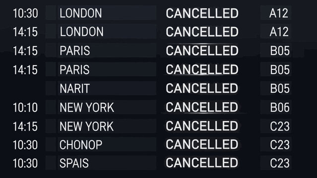 Airport flight information display showing cancelled flights to various destinations