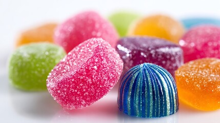 Close up of assorted colorful fruit jelly candies isolated on the white background 