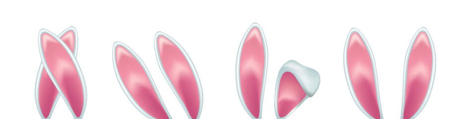 Easter bunny ears. Pink and white rabbit ear headbands in multiple shapes and positions. Easter kid, girl, woman costume designs elements. Realistic 3d vector illustrations set.