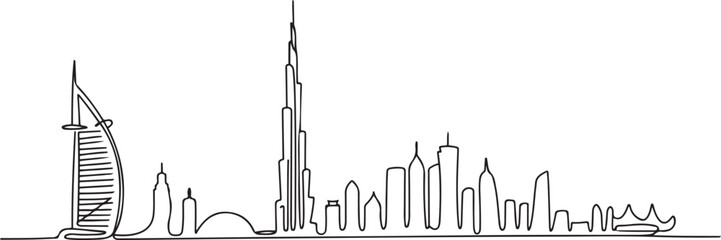 Single continuous line drawing of Dubai city skyline, United Arab Emirates. Famous city landscape wall decor art poster print. World travel concept. one line Icon drawing