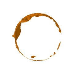 Coffee cup stain. Brown circular coffee ring and splashes on white background. Realistic beverage mark for design, cafe menu decoration. Realistic vector illustration.