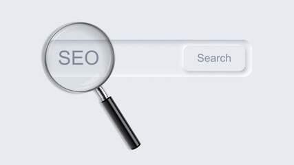 SEO background. Search magnifying glass interface on light with large lens placed over search bar. Marketing modern UI element. Minimal vector illustration in neomorphism style.