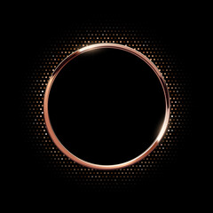 Bronze circle frame with dotted halftone light effect. Circular glowing metallic ring, button, stamp, emblem, sticker, label. Modern luxury abstract vector illustration.