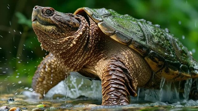 Alligator snapping turtle navigating shallow water with natural background