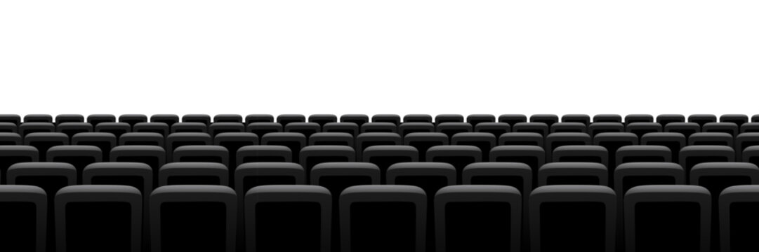 Cinema, theater chair screen background with rows of black seats facing bright empty space. Movie atmosphere created by deep shadows and clean perspective. Seamless realistic vector illustration.