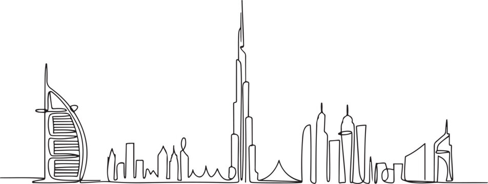 Single continuous line drawing of Dubai city skyline, United Arab Emirates. Famous city landscape wall decor art poster print. World travel concept. one line Icon drawing
