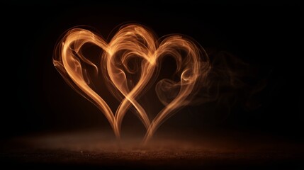 Two intertwined hearts made of smoke glow against a dark background, symbolizing love and passion.