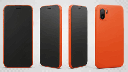 Four perspectives of a smartphone showcasing its sleek design and vibrant orange case
