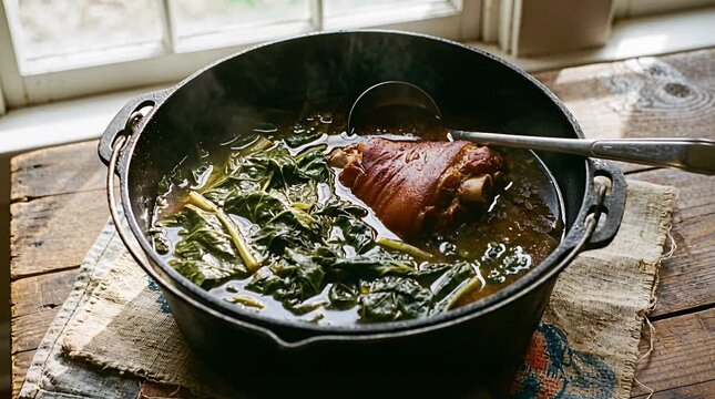 Hearty pork hock and greens stew cooking in cast iron pot, comfort food, rustic. pork hock, pot, simmering.
