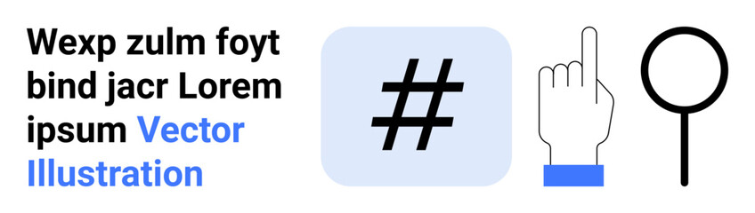 Fototapeta premium metadata tag symbol, pointing hand, and magnifying glass represent online interaction, search, trending topics, navigation, social media, discovery and communication. Ideal for marketing