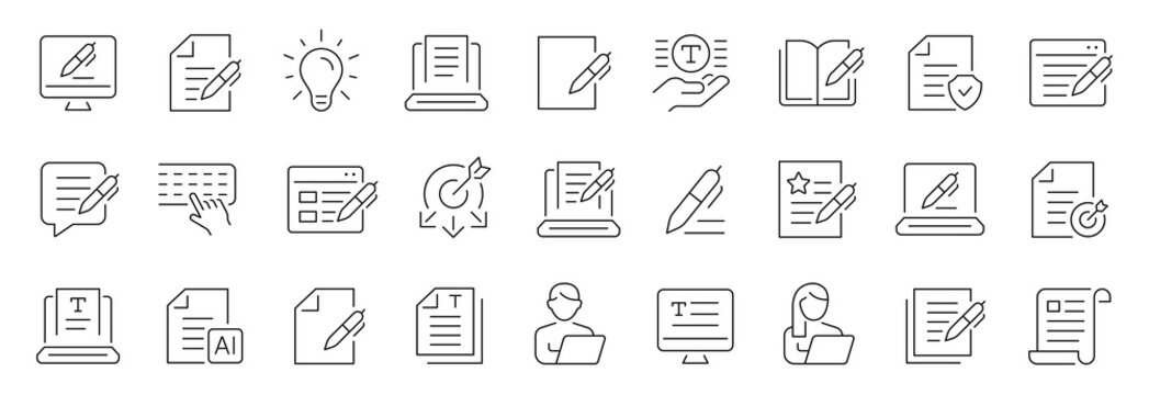Copywriting and content writing thin line icons set. Editable stroke. Vector