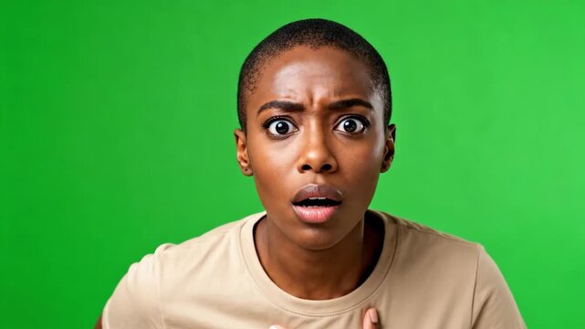 Portrait of a shocked African American woman gasping with hand on chest against a green screen. Surprised female showing disbelief and astonishment. Chroma key background