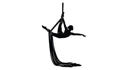 aerial performer in dynamic pose with fabric swing silhouette high quality professional detailed modern elegant stylish