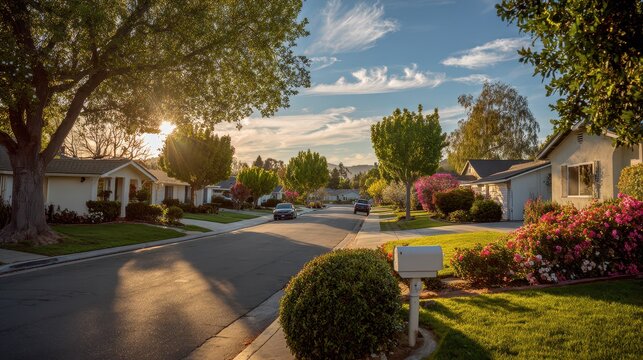 Tree-lined residential avenue with pastel homes, sidewalks, and calm neighborhood ambiance
