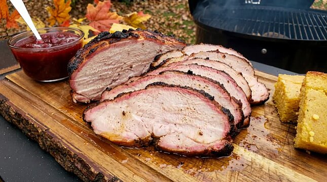Smoked turkey breast slices with cranberry sauce and cornbread ready for serving photo. bbq meat photography.