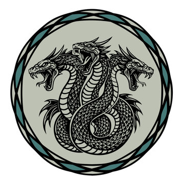 3 furious one color dragons with colored braided border design