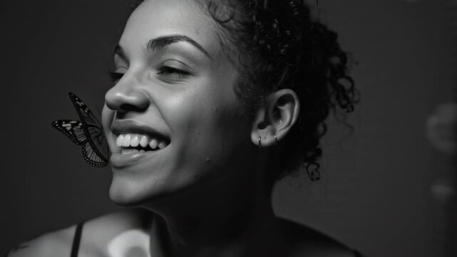 Black and white portrait of an attractive woman smiling with a butterfly on her face