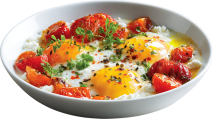 Baked eggs with roasted tomatoes herbs and creamy cheese served in white bowl gourmet dish isolated on white background