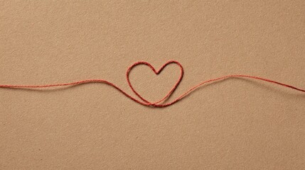 A red string forms a heart shape on a textured beige background, symbolizing love and connection.