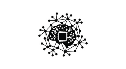 a black and white graphic of a microchip surrounded by connected nodes silhouette high quality professional