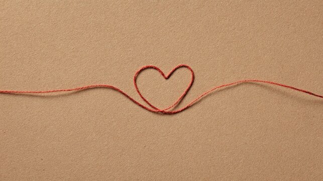 A red string forms a heart shape on a textured beige background, symbolizing love and connection.
