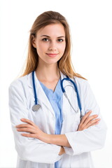 Fototapeta premium female doctor in medical uniform isolated on white background soft studio light