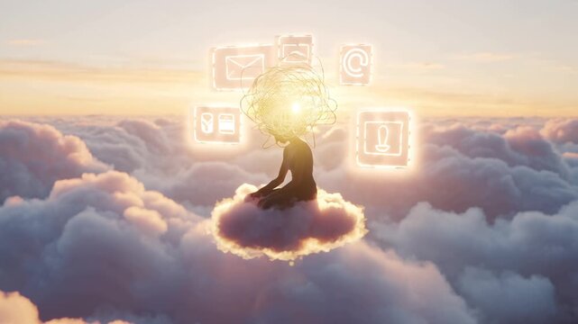 Cinematic 4K video young woman sitting glowing fluffy cloud floating pastel sky, her head formed tangled glowing threads luminous wires overthinking anxiety, floating icons emails, notifications