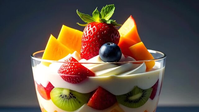 A layered dessert, showcasing whipped cream and colorful fruit in a transparent glass bowl