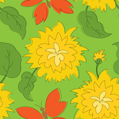 Vector seamless pattern with yellow chrysanthemums and butterfly