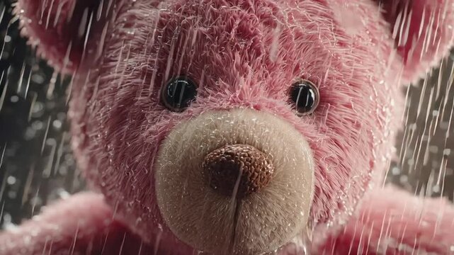 Close-up of a Pink Teddy Bear Soaking in the Rain on a Dark and Stormy Day Cinematic