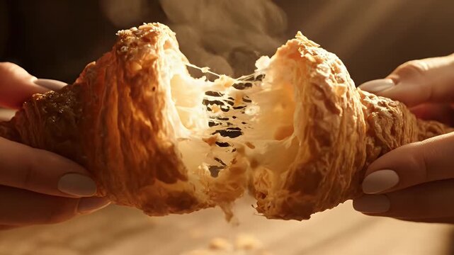 Pulling apart a hot cheese croissant with stretching melted filling