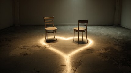 Two wooden chairs face each other within a glowing heart on a dimly lit concrete floor.