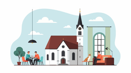 Fototapeta premium A flat design illustration of a village scene with a church, people working and relaxing indoors and outdoors