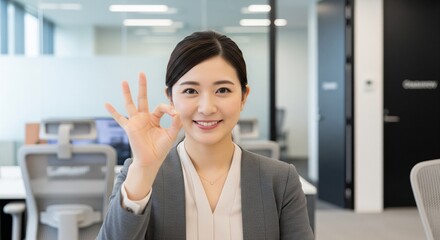 Obraz premium オフィスでOKサインを送る笑顔の20代日本人女性社員