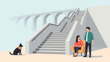 Obraz premium A man and woman sit and stand near a dog by a grand staircase and arched bridge