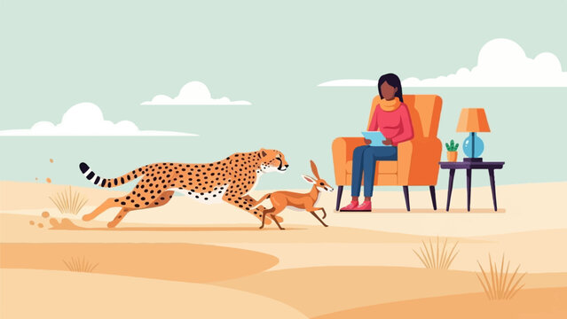 A cheetah chases a gazelle on a sandy plain while a woman sits in an armchair reading
