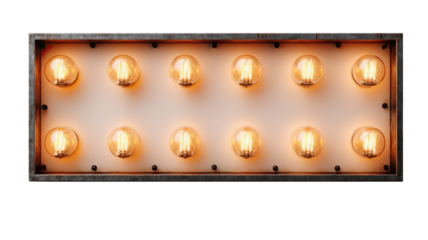 Vintage marquee light box with glowing filament bulbs rectangular frame retro illuminated signage isolated on white background