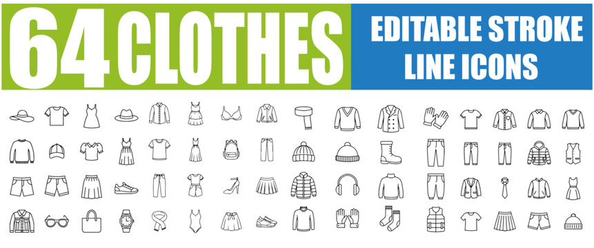 Set of 64 Outline Icons Related to Clothes - T-Shirt, Pants, Dress, Jacket, Hat, Shoes, Fashion, Wardrobe, Clothing, Accessories, Style, Laundry, Shopping and More - Linear Icon Collection, Editable S